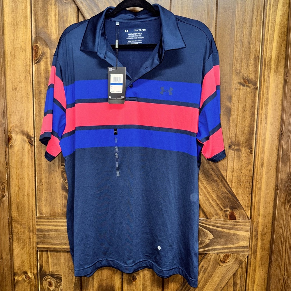 NEW!! Under Armor, Men's Playoff Polo, Heatgear, XL, blue & Reddish Stripes
